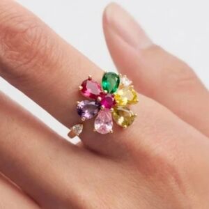 Anti-Stress Floral Zirconia  360° Rotating Spinning Open Ring 18k Gold Plated